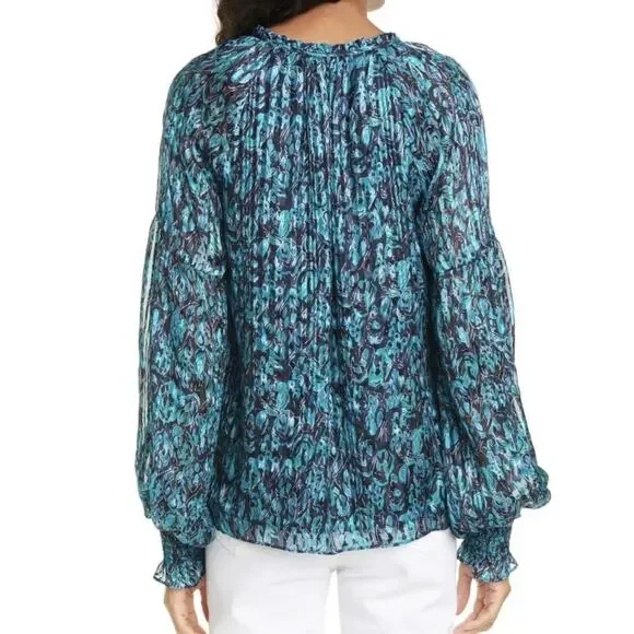 Ramy Brook Luanne Silk Pleated Smocked Teal Combo Long Sleeve Blouse